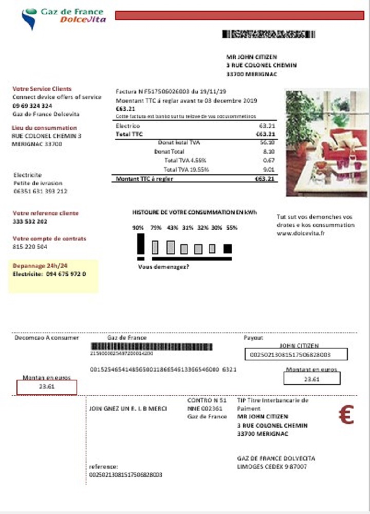 France Gaz de France Dolcevita utility bill